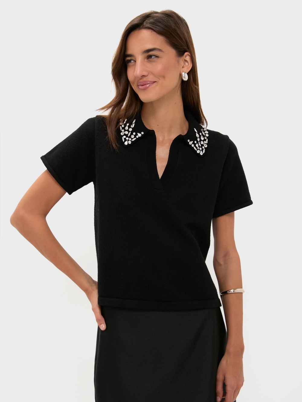 Tuckernuck Black Knit Embellished Anica Polo Size M Holiday Festive Luxury